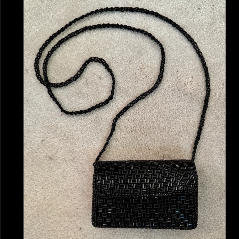VINTAGE 1980s VERY SMALL BLACK BEADED CROSSBODY SHOULDER FORMAL EVENING BAG EUC